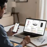 Consumatrice confronta recensioni, schede prodotto e informazioni di trasparenza prima di acquistare online