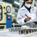 Tecnico che controlla componenti metallici rivestiti e documentazione tecnica sulla resistenza chimica in reparto industriale